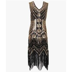 New w/o Tags BEAUTIFUL BEADED/SEQUIN ART DECO STYLE EVENING DRESS - Gold/Black M